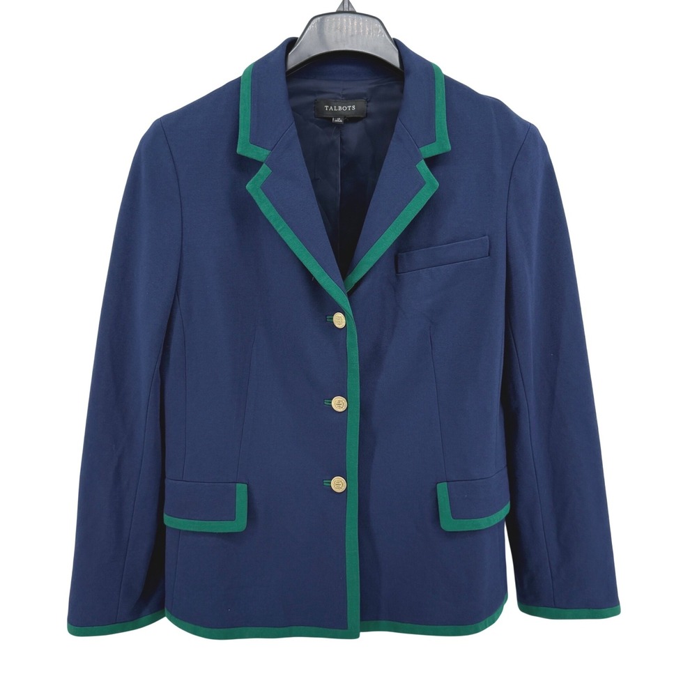NEW Talbots Blazer Women 12 Blazer Navy Blue Green Trim Gold Crest Buttons Retro